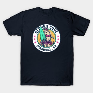 Retro Surfer Babe Badge Sennen Cove Cornwall UK T-Shirt